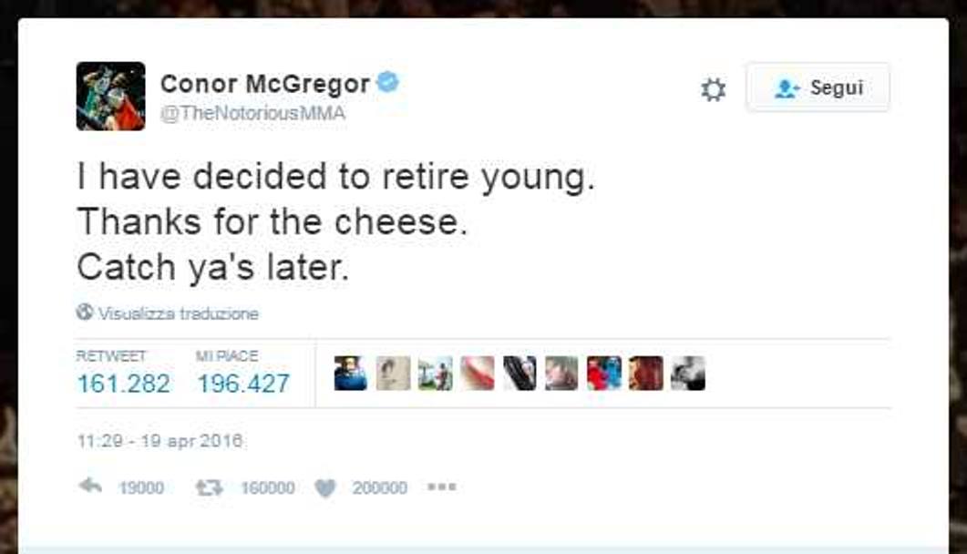 7. Conor McGregor confonde i tifosi dell’UFC facendo pensare ad un suo ritiro – 161.000 retweet